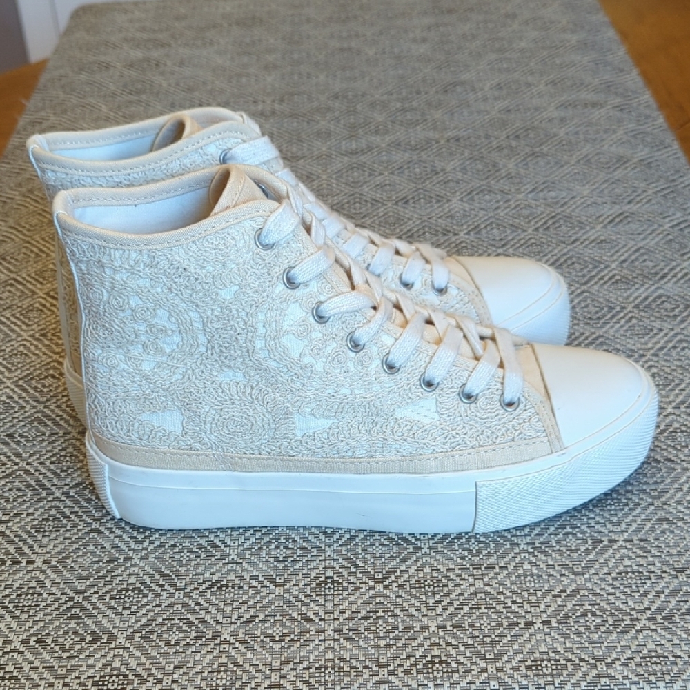 Cream And White Crochet Embroidery High-Top Sneakers Grannycore Streetwear